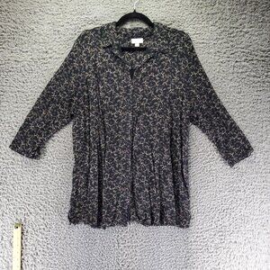 J. Jill Top Womens XL Black Floral 3/4 Sleeve Lightweight Relaxed Fit Blouse